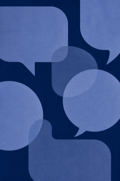 Poster art: overlapping speech bubbles in indigo