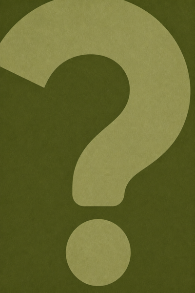 Poster art: a large geometric question mark in olive