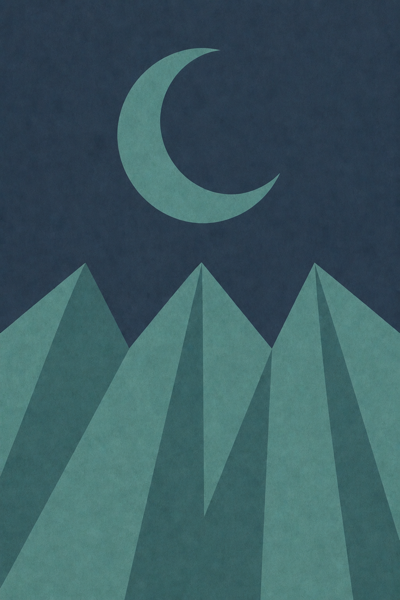 Poster art: crescent moon over curtain shapes in teal