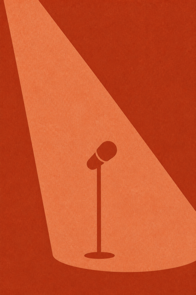 Poster art: microphone under a spotlight in rust tones